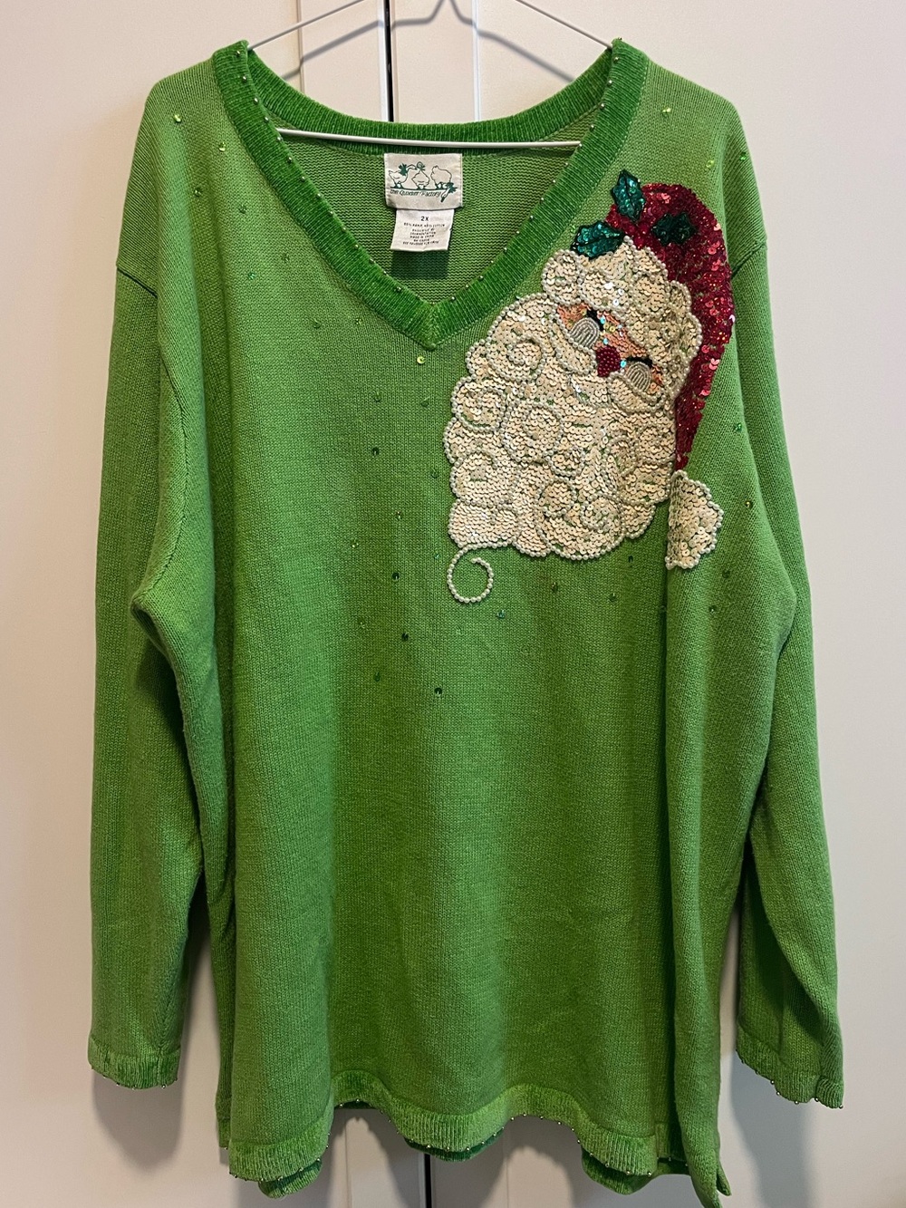 VTG Quacker Factory Green Sequin Santa Christmas Sweater Plus Size 2X Holiday